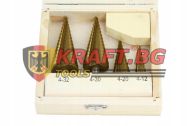 КОМПЛЕКТ КОНУСОВИДНИ СВРЕДЛА 4 ЧАСТИ В ДЪРВЕНА КУТИЯ MAR-POL