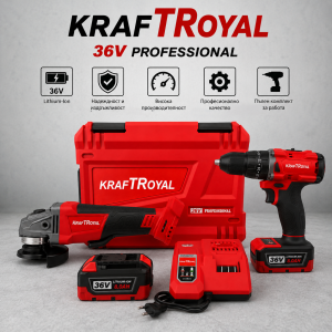 2в1 Комплект Ъглошлайф 125 мм и Винтоверт с 2 Батерии 8Ah и Куфар KRAFTROYAL
