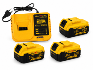 Комплект 4 в 1 KraftRoyal 36V – Перфоратор SDS+, Ъглошлайф 125 мм, Гайковерт 850Nm и Винтоверт с 3 Батерии 8Ah в Куфар